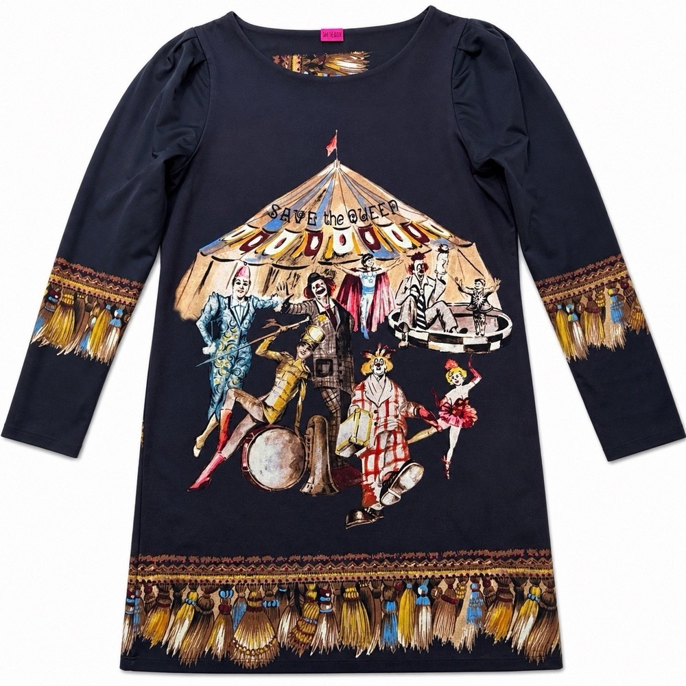 RARE Save The Queen Dress XL Circus Print Graphic Long Sleeve Designer Italy Y2K